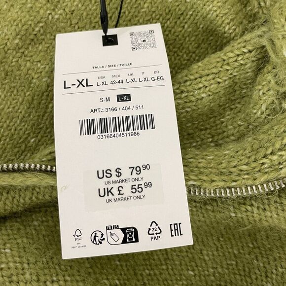 Zara Mens Sweater Size L-XL Green Knit Hooded Full Zip Cardigan 3166/404 NWT - Picture 8 of 16
